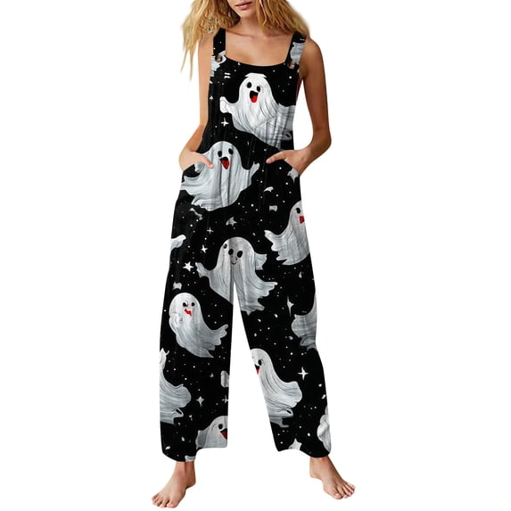 Womens Halloween Jumpsuits Spiderweb Ghost Halter Backless Funny Rompers Skull Bat Sleeveless Spooky Overalls, S
