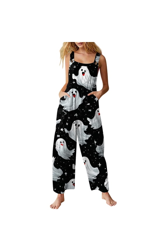 Womens Halloween Jumpsuits Spiderweb Ghost Halter Backless Funny Rompers Skull Bat Sleeveless Spooky Overalls, S