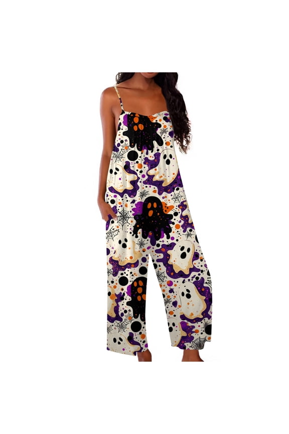 Womens Halloween Jumpsuits Spiderweb Skeleton Wide Leg Backless Horror Overalls Bat Candy Sleeveless Funny Rompers, S
