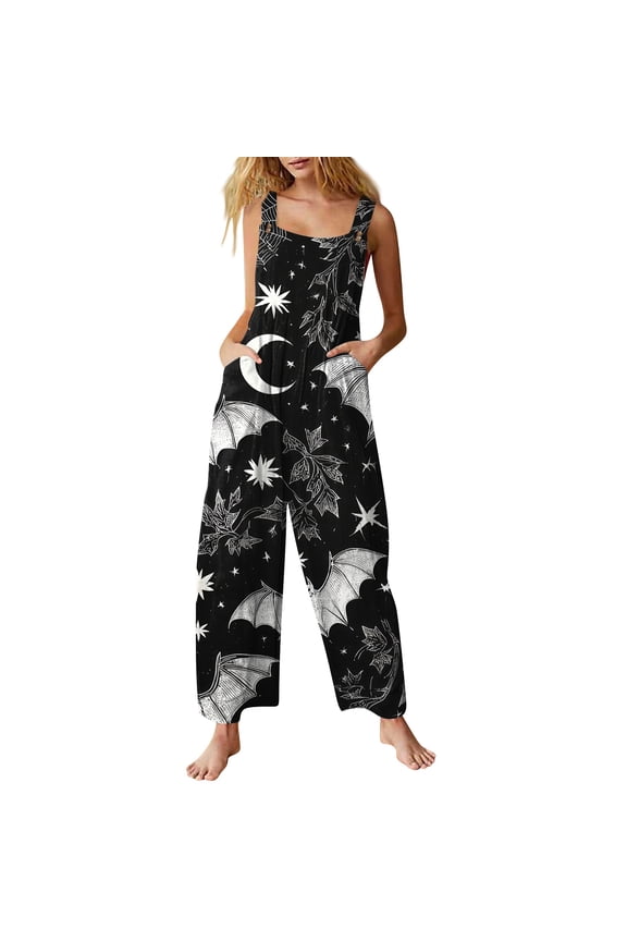 Womens Halloween Jumpsuits Witch Hat Spiderweb Halter Backless Horror Overalls Ghost Skeleton Sleeveless Spooky Rompers, L