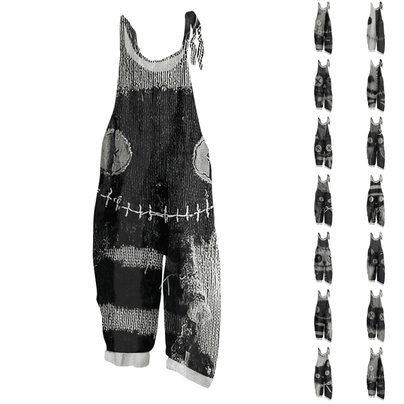 Womens Halloween Linen Jumpsuits Plus Size Sleeveless Floral Print Loose Wide leg Rompers