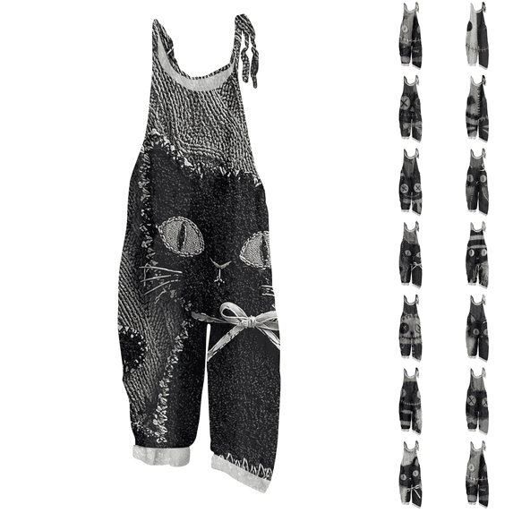 Womens Halloween Linen Jumpsuits Plus Size Sleeveless Print Loose Wide leg Rompers