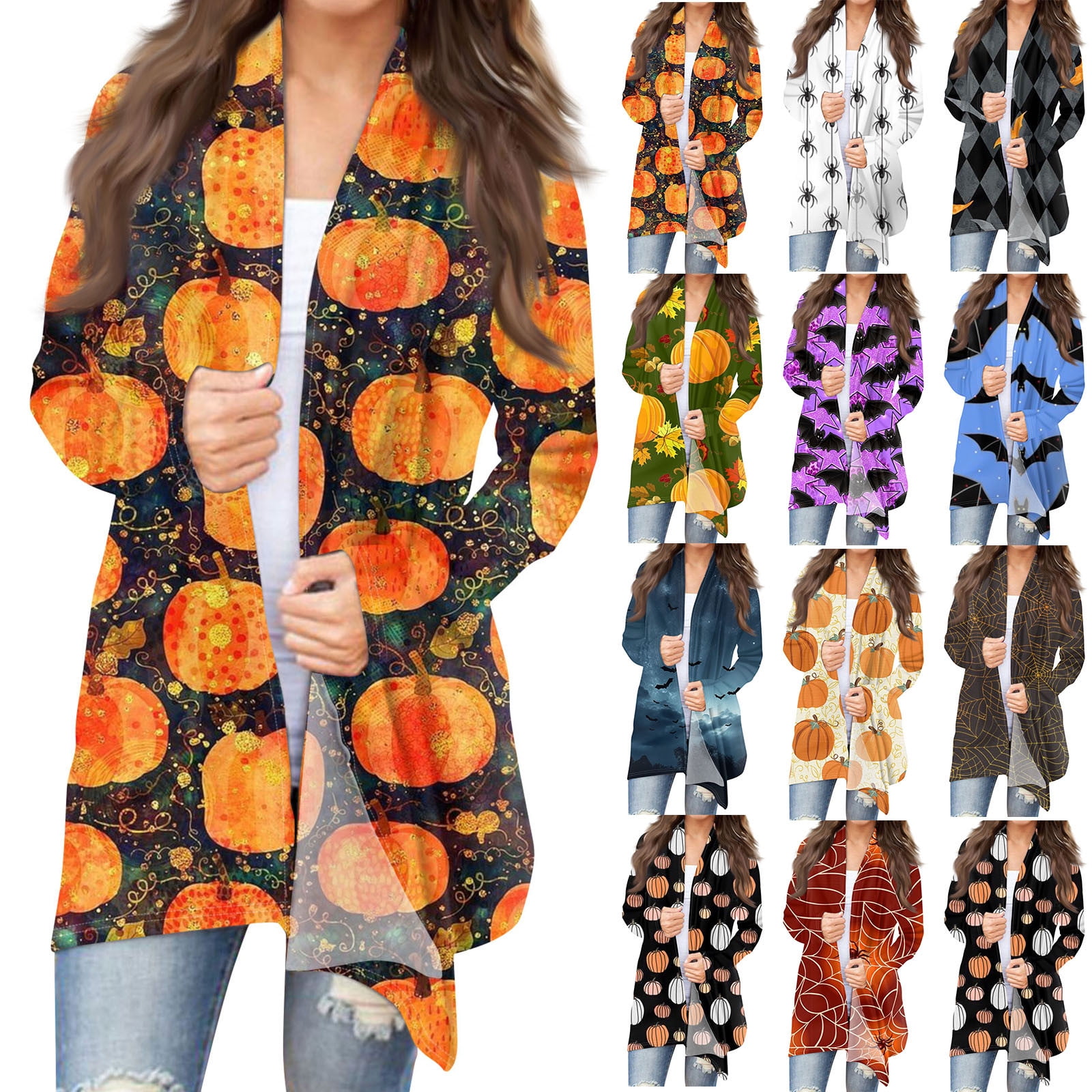 Womens Halloween Long Sleeve Cardigan Knit Sweater Pumpkin Cat Pattern ...