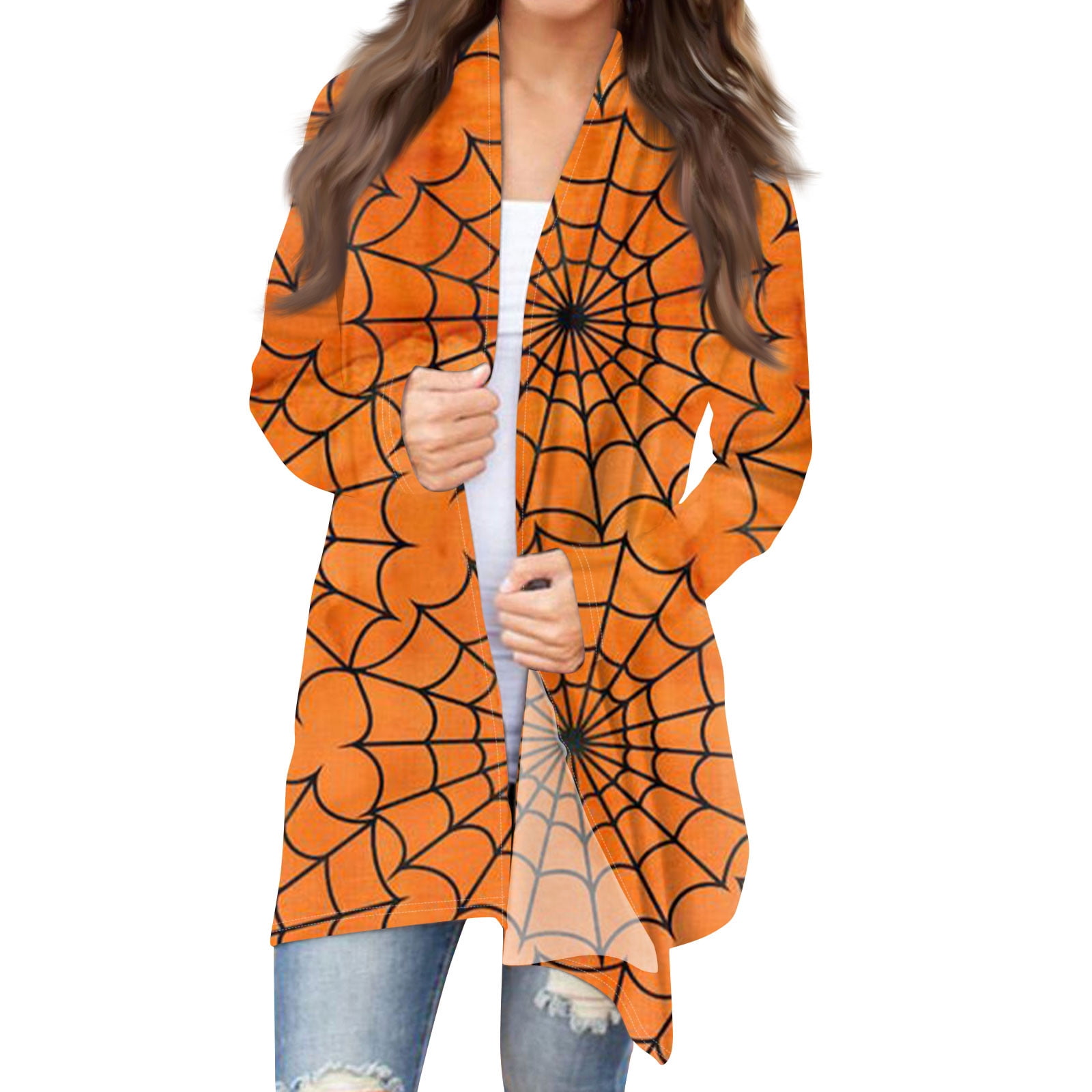 Womens Halloween Long Sleeve Cardigan Knit Sweater Pumpkin Cat Pattern