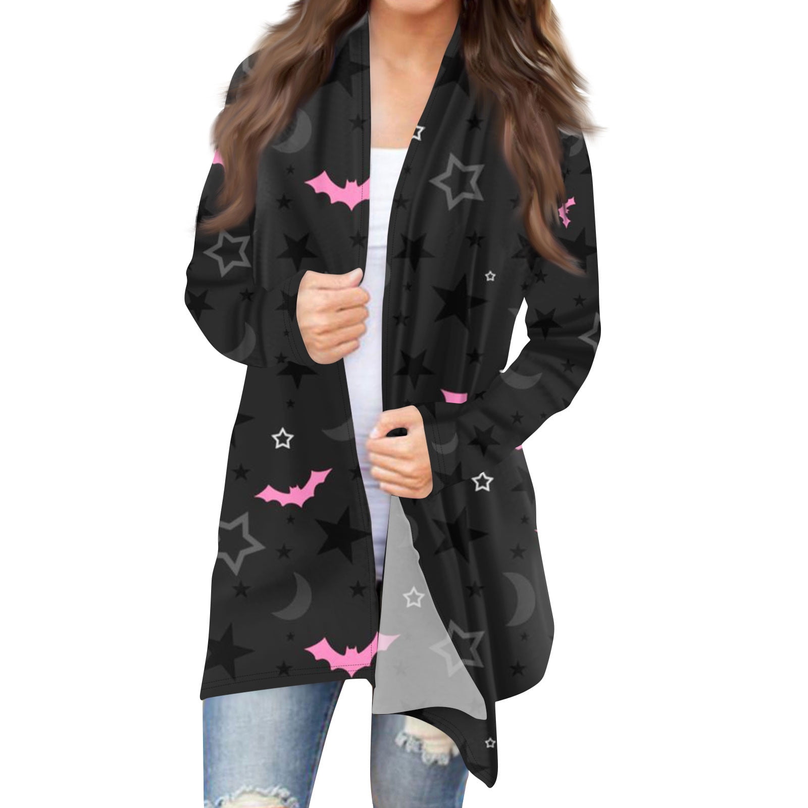 Womens Halloween Long Sleeve Cardigan Knit Sweater Pumpkin Cat Pattern