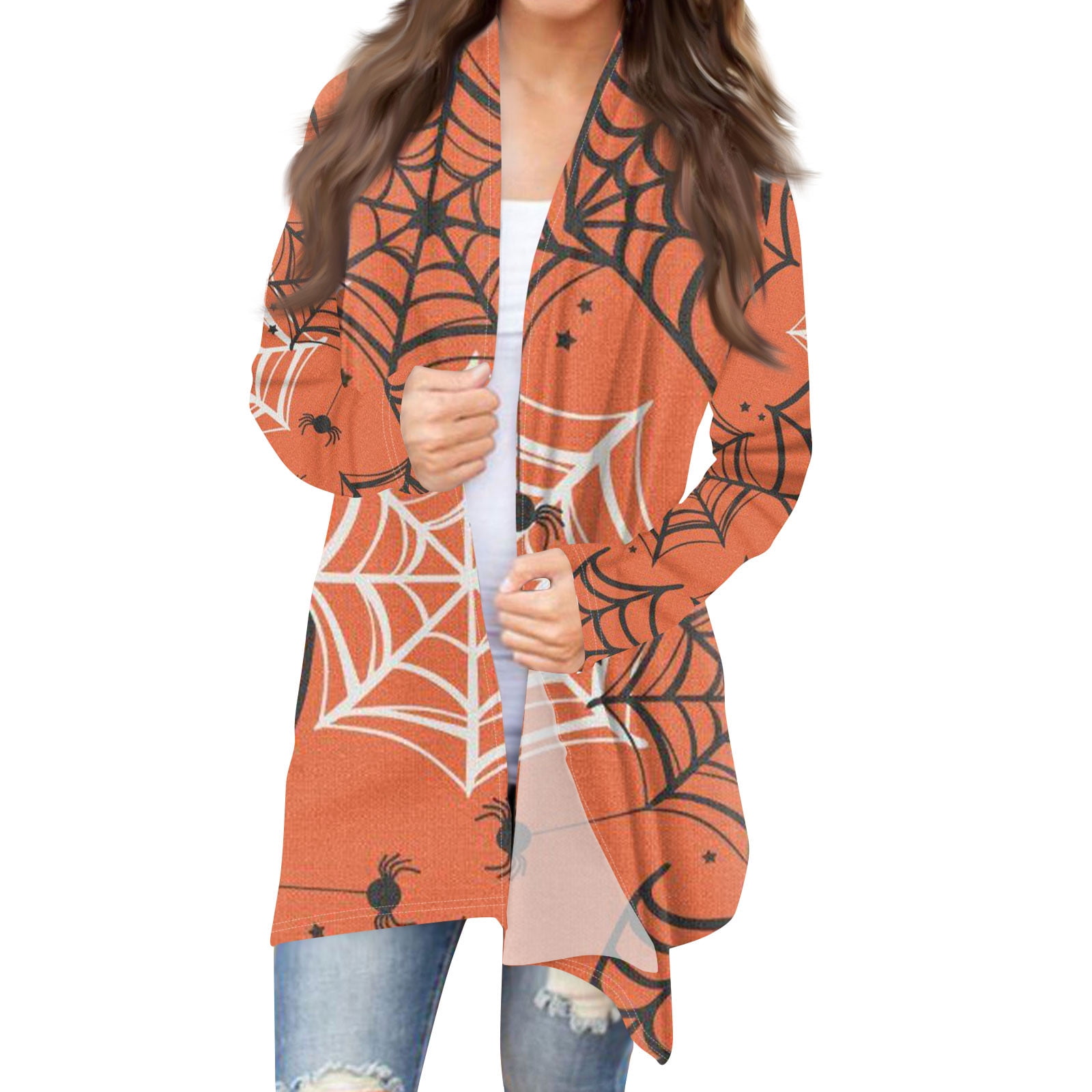 Womens Halloween Long Sleeve Cardigan Knit Sweater Pumpkin Cat Pattern