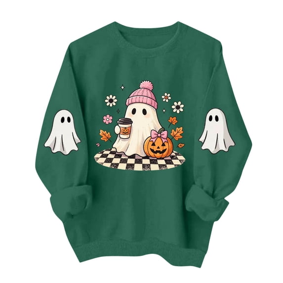 Womens Halloween Long Sleeve Crew Neck Sweatshirts, Fall Cute Ghost Pumpkin Print Casual Tops ,Women's Long Sleeve Sweater Holiday Family Matching Blouse