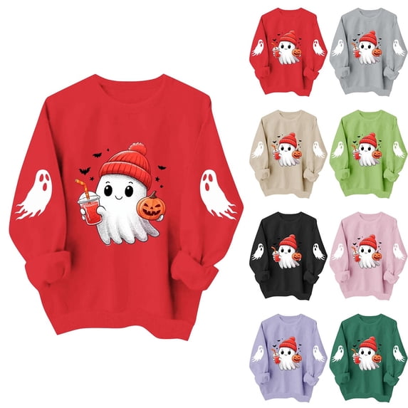 Womens Halloween Long Sleeve Crew Neck Sweatshirts, Fall Cute Ghost Pumpkin Print Casual Tops ,Women's Long Sleeve Sweater Holiday Family Matching Blouse