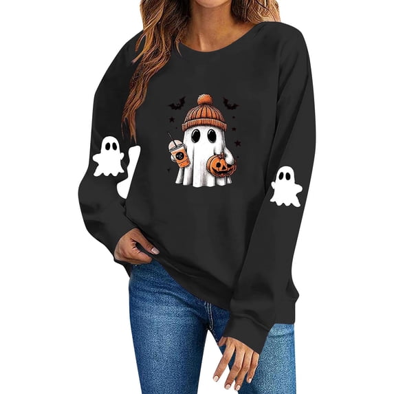 Womens Halloween Long Sleeve Crew Neck Sweatshirts Fall Cute Ghost Pumpkin Print Casual Tops ,Women's Long Sleeve Sweater Holiday Family Matching Tops