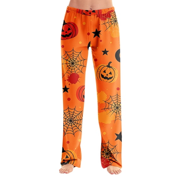 Womens Halloween Lounge Pants Loose Fit Sleep Pajama Bottoms Full Length Straight Leg Easy Wear Design Elastic Waist No Drawstring Comfy Home Bottoms Orange S