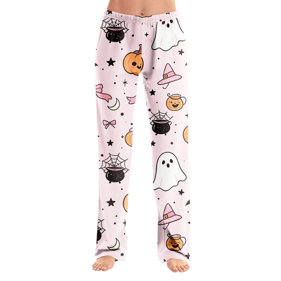 Womens Halloween Lounge Pants Loose Fit Sleep Pajama Bottoms Full Length Straight Leg Easy Wear Design Elastic Waist No Drawstring Comfy Home Bottoms Pink L