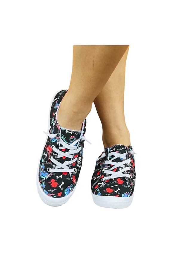 Womens Halloween Low Top Fashion Sneakers Casual Canvas Shoes Skeleton Pattern Slip on Walking Flats