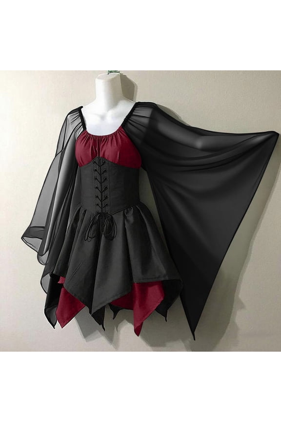 Womens Halloween Mini Dress Medieval Renaissance Dresses with Corsets Flowy Long Sleeve Gothic Dress Wine S