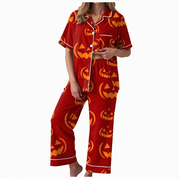 Womens Halloween Minimalist Pumpkin Print Button-Down Pajama Set,Short Sleeve Long Pants Sleepwear