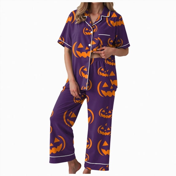 Womens Halloween Minimalist Pumpkin Print Button-Down Pajama Set,Short Sleeve Long Pants Sleepwear