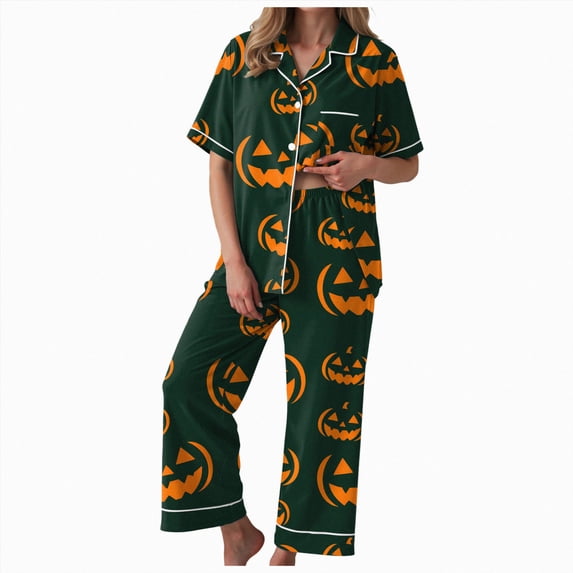 Womens Halloween Minimalist Pumpkin Print Button-Down Pajama Set,Short Sleeve Long Pants Sleepwear