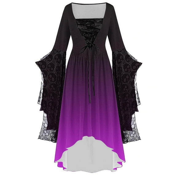 Womens Halloween New Mesh Lace Big Swing Dress Solid Color Long Dress