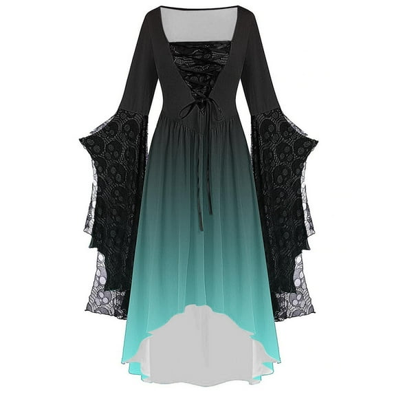 Womens Halloween New Mesh Lace Big Swing Dress Solid Color Long Dress