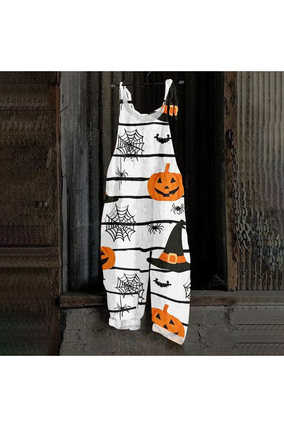 Womens Halloween Overalls Candy Ghost Sleeveless Backless Spooky Jumpsuits Spiderweb Skeleton Wide Leg Horror Overalls, L