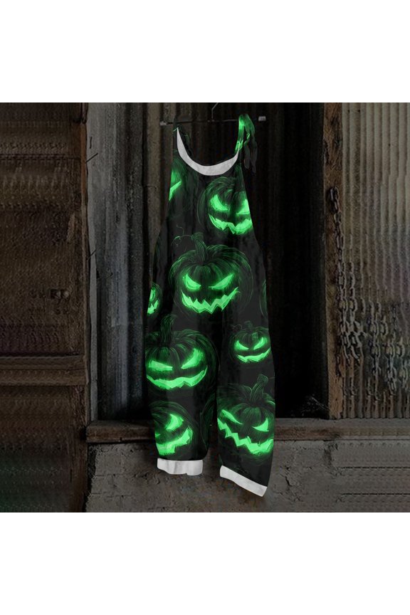 Womens Halloween Overalls Castle Bat Wide Leg Backless Funny Jumpsuits Skull Witch Hat Sleeveless Spooky Overalls, S