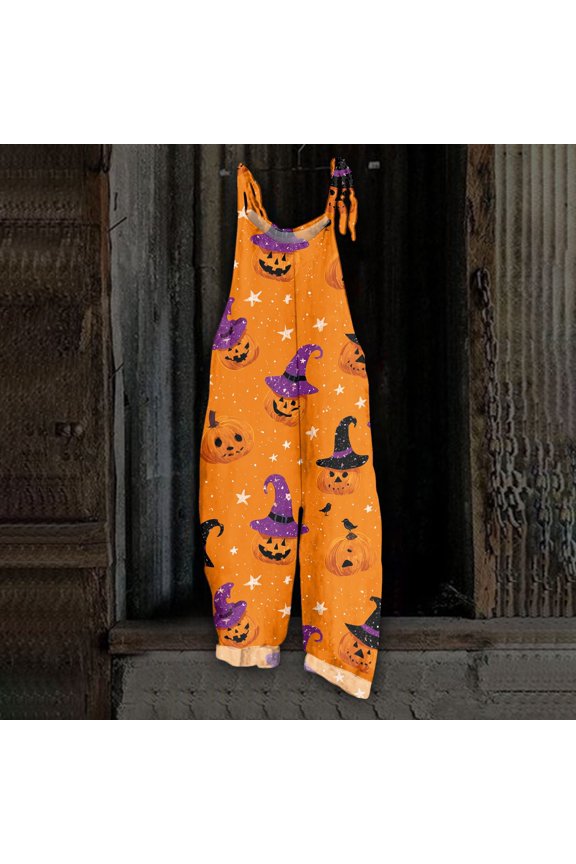 Womens Halloween Overalls Castle Skeleton Halter Backless Funny Jumpsuits Spiderweb Pumpkin Sleeveless Spooky Overalls, 2XL