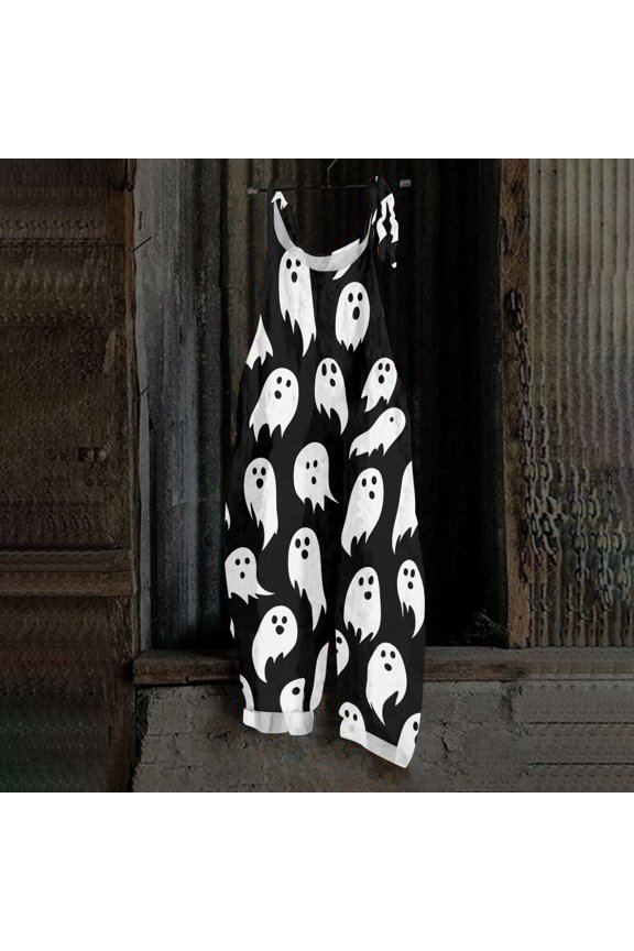 Womens Halloween Overalls Ghost Skull Wide Leg Backless Funny Jumpsuits Skeleton Spiderweb Halter Horror Overalls, M