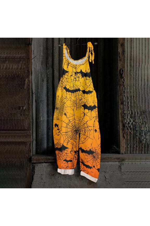 Womens Halloween Overalls Pumpkin Bat Wide Leg Backless Horror Jumpsuits Skeleton Candy Halter Spooky Overalls, 2XL