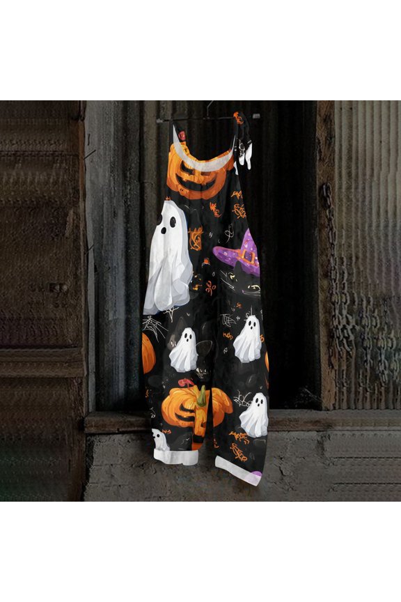 Womens Halloween Overalls Pumpkin Castle Wide Leg Backless Funny Overalls Skeleton Skull Halter Spooky Jumpsuits, L