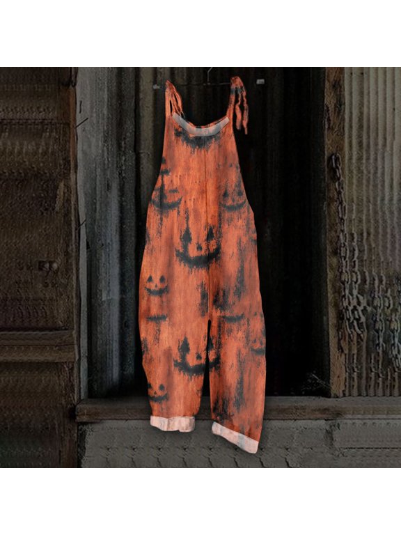 Womens Halloween Overalls Pumpkin Skull Sleeveless Backless Horror Jumpsuits Spiderweb Skeleton Halter Funny Overalls, M