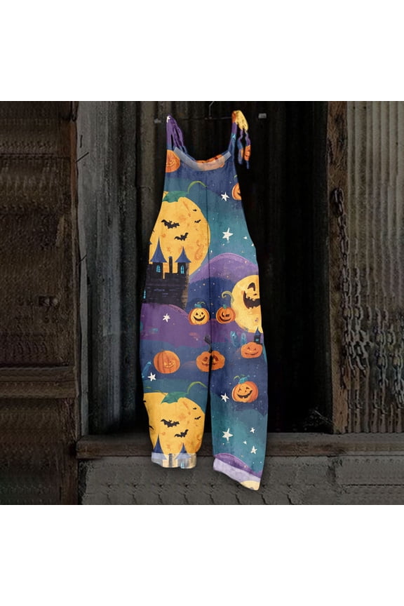 Womens Halloween Overalls Pumpkin Spiderweb Sleeveless Backless Horror Overalls Bat Skeleton Halter Funny Jumpsuits, 4XL