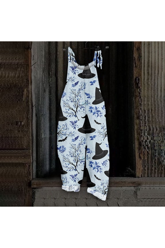 Womens Halloween Overalls Skeleton Ghost Sleeveless Backless Spooky Overalls Spiderweb Bat Halter Horror Jumpsuits, 4XL