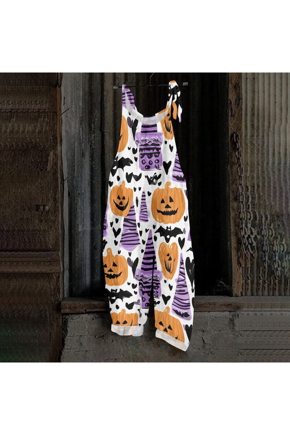Womens Halloween Overalls Skeleton Ghost Wide Leg Backless Horror Jumpsuits Bat Spiderweb Halter Spooky Overalls, M