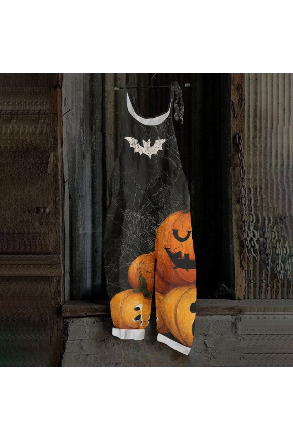 Womens Halloween Overalls Skeleton Ghost Wide Leg Backless Spooky Jumpsuits Skull Bat Sleeveless Funny Overalls, XL