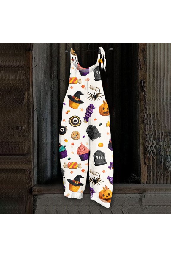 Womens Halloween Overalls Skeleton Skull Halter Backless Horror Jumpsuits Spiderweb Pumpkin Wide Leg Funny Overalls, S