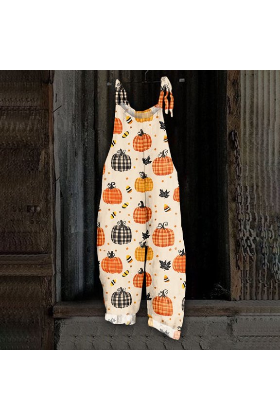 Womens Halloween Overalls Skeleton Witch Hat Wide Leg Backless Spooky Overalls Castle Bat Halter Horror Jumpsuits, 2XL