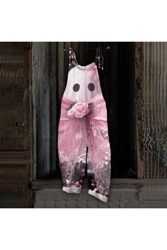 Womens Halloween Overalls Skull Skeleton Sleeveless Backless Spooky Overalls Castle Ghost Halter Horror Jumpsuits, 4XL