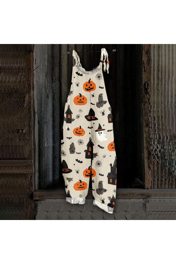 Womens Halloween Overalls Spiderweb Bat Wide Leg Backless Horror Jumpsuits Skeleton Witch Hat Sleeveless Funny Overalls, S