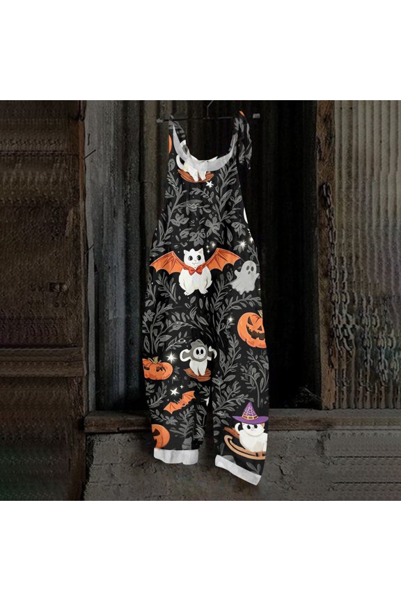 Womens Halloween Overalls Spiderweb Castle Wide Leg Backless Horror Jumpsuits Witch Hat Candy Sleeveless Spooky Overalls, S