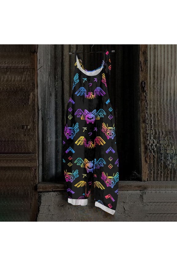 Womens Halloween Overalls Spiderweb Skeleton Halter Backless Funny Jumpsuits Witch Hat Castle Sleeveless Spooky Overalls, M