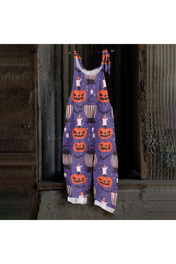 Womens Halloween Overalls Spiderweb Witch Hat Halter Backless Spooky Overalls Skeleton Ghost Sleeveless Horror Jumpsuits, 2XL