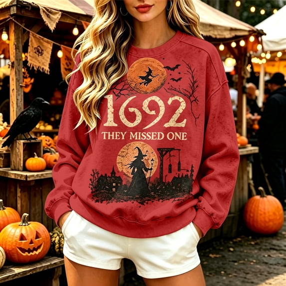 Womens Halloween Oversized Crew Neck Pullover Vintage Broom Witch Graphic Sweatshirt Loose Fit Casual Fall Apparel Red XXL