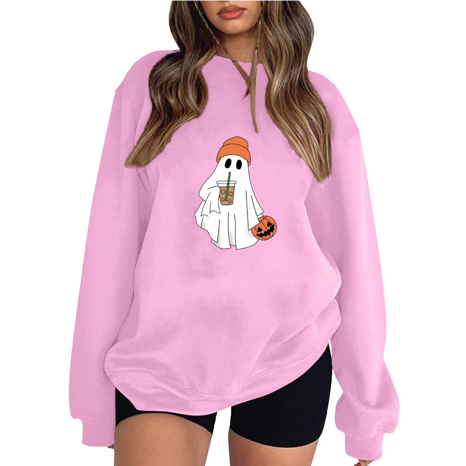 Womens Halloween Oversized Sweatshirt Cute Ghost Graphic Pullover