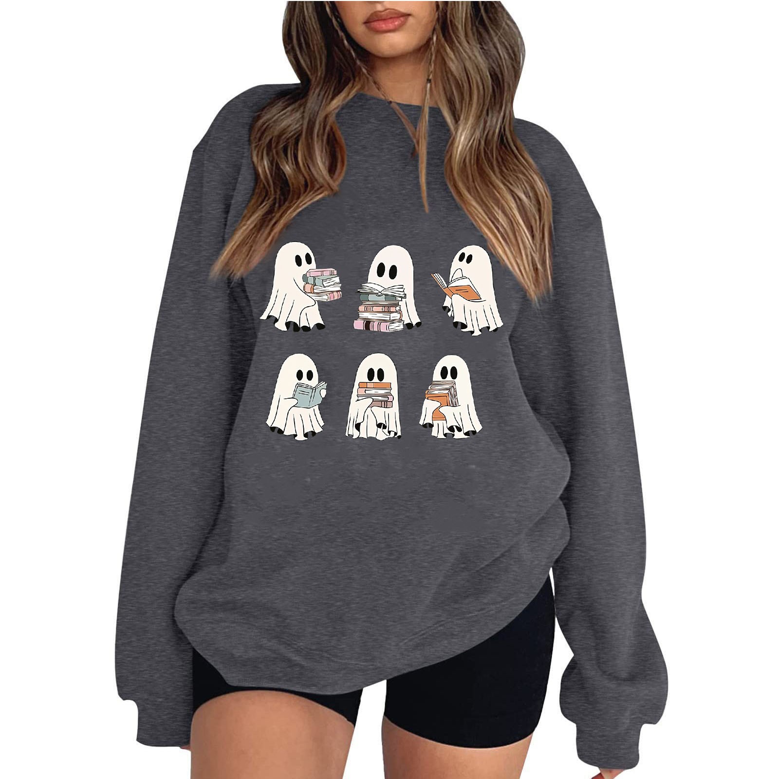 Womens Halloween Oversized Sweatshirt Cute Ghost Graphic Pullover