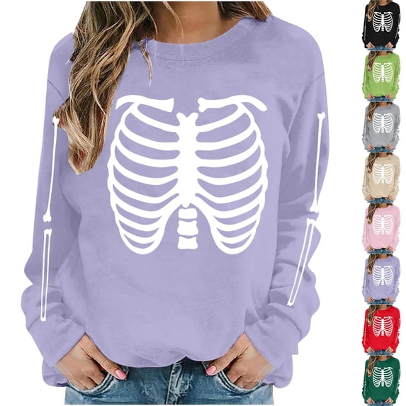 Womens Halloween Oversized Sweatshirt Plus Size Casual Crew Neck Pullover Tops Skeleton Graphic Loose Fit Long Sleeve Shirts