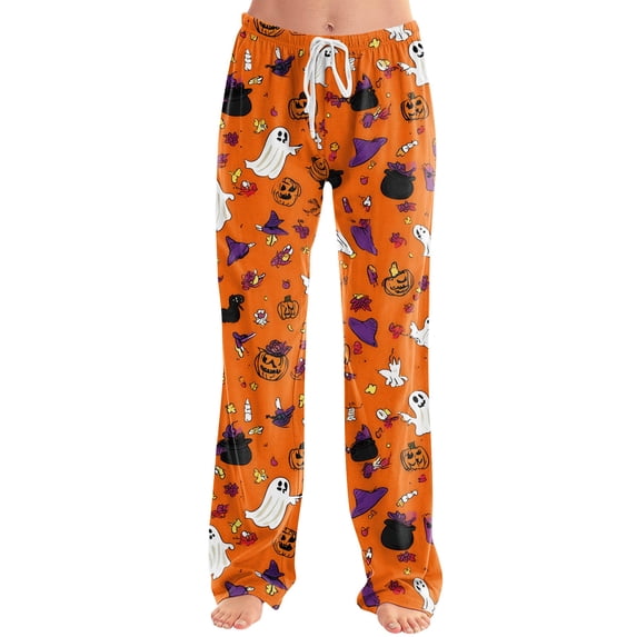 Womens Halloween Pajama Pants Bat Skeleton Elastic High Waist Funny Pajama Pants Spider Web Pumpkin Drawstring Spooky Sleep Pants, XL