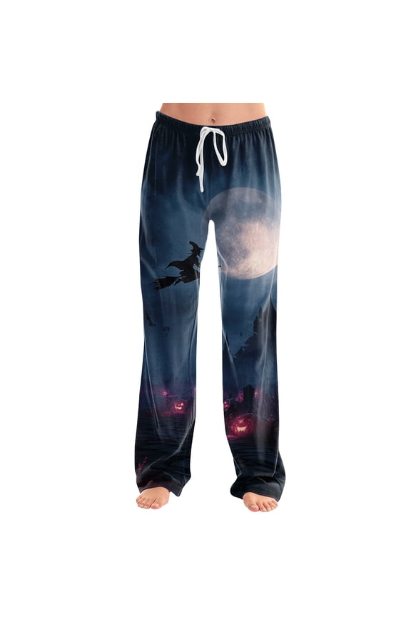 Womens Halloween Pajama Pants Bat Spider Web Elastic High Waist Funny Sleep Pants Ghost Pumpkin Drawstring Spooky Pajama Pants, S