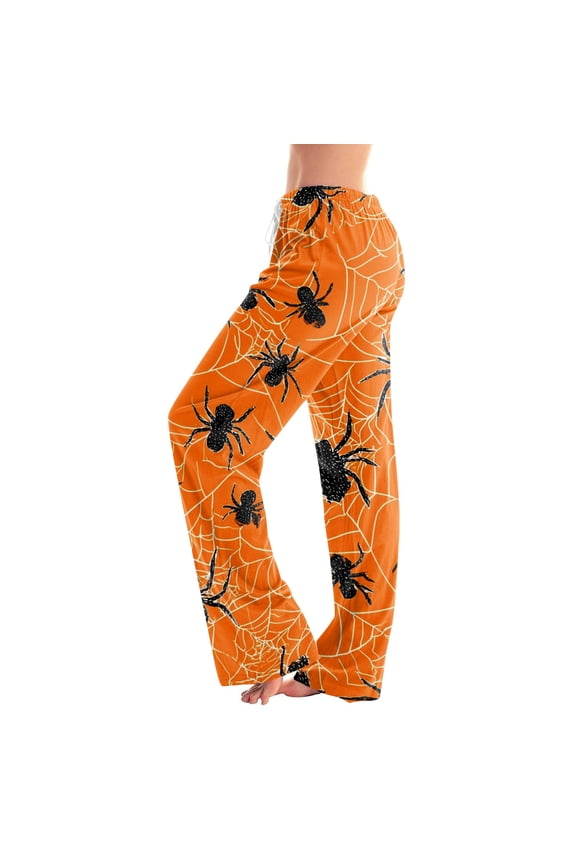 Womens Halloween Pajama Pants Candy Skeleton Elastic High Waist Spooky Sleep Pants Skull Pumpkin Drawstring Horror Pajama Pants, S