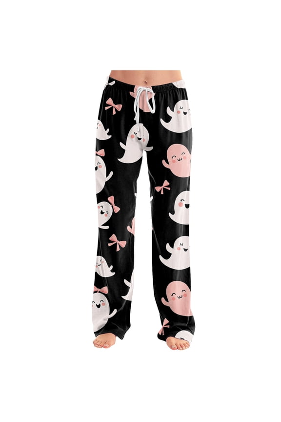 Womens Halloween Pajama Pants Castle Bat Drawstring Funny Pajama Pants Candy Ghost Wide Leg Horror Sleep Pants, S