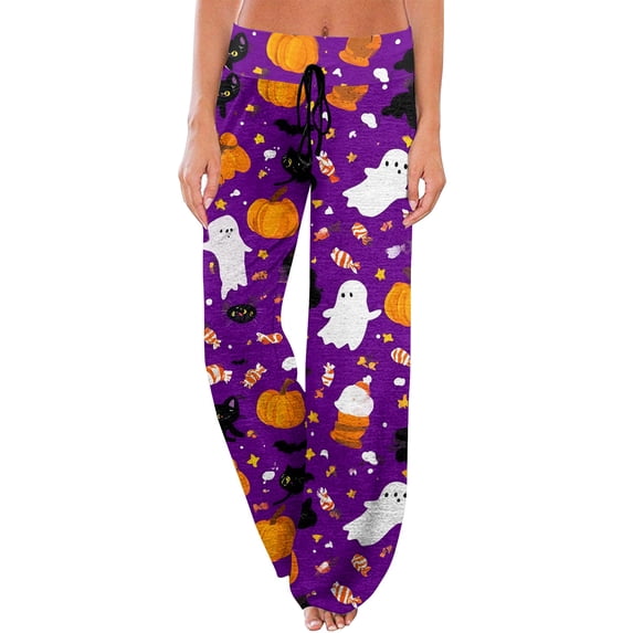 Womens Halloween Pajama Pants Drawstring Wide Leg Lounge Sleep Bottoms Relaxed Fit Full Length Comfy Pjs Breezy Wide Leg with Adjustable Waist for Cozy Nights Dark Purple XL