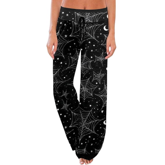Womens Halloween Pajama Pants Drawstring Wide Leg Lounge Sleep Bottoms Relaxed Fit Full Length Comfy Pjs Breezy Wide Leg with Adjustable Waist for Cozy Nights Black L